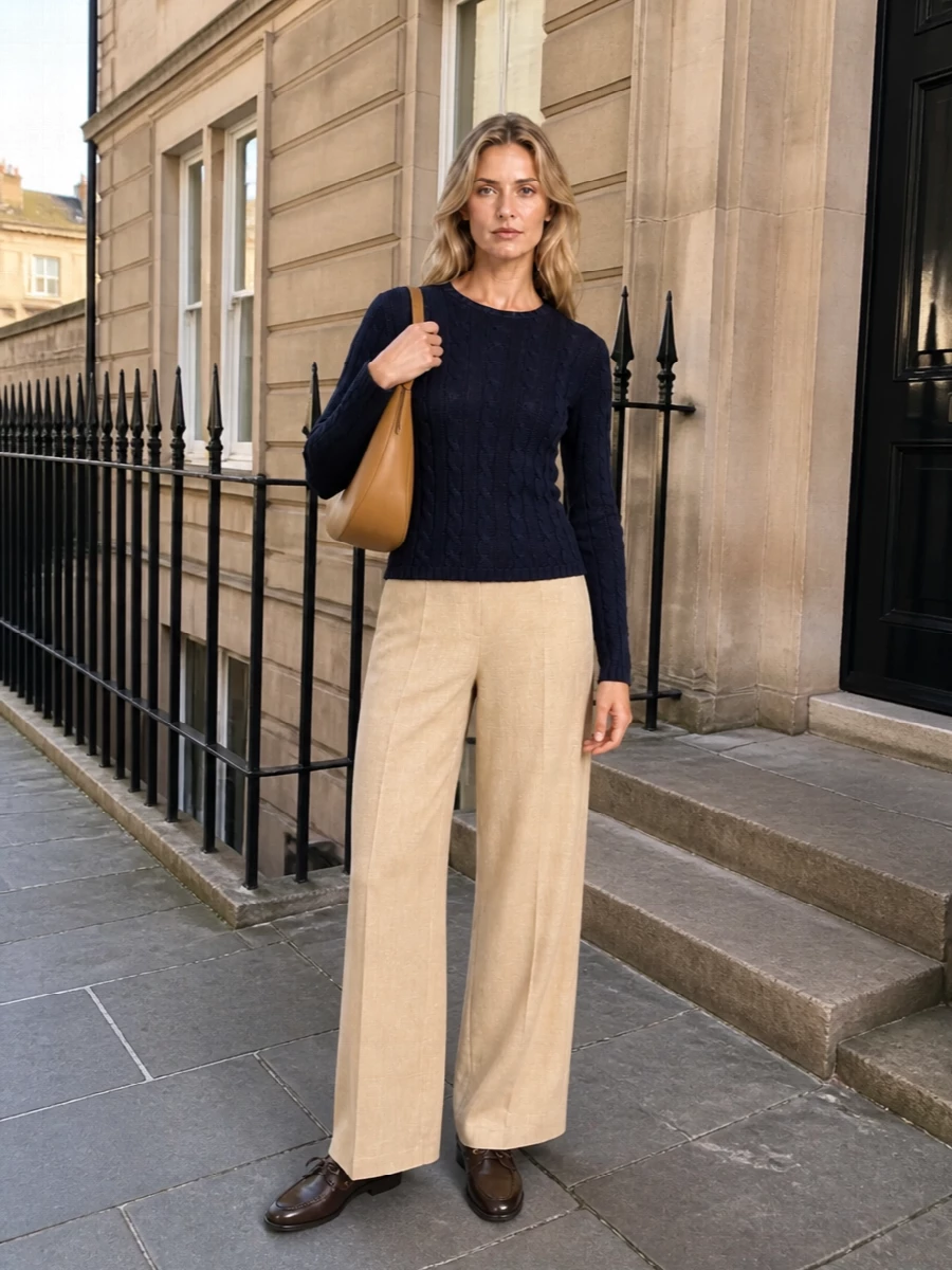 Ralph lauren navy cable knit beige wide leg trousers