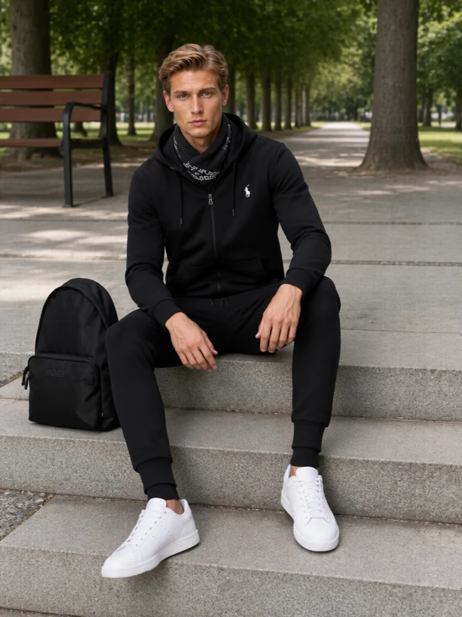 Polo ralph lauren black hoodie adidas sneakers outfit