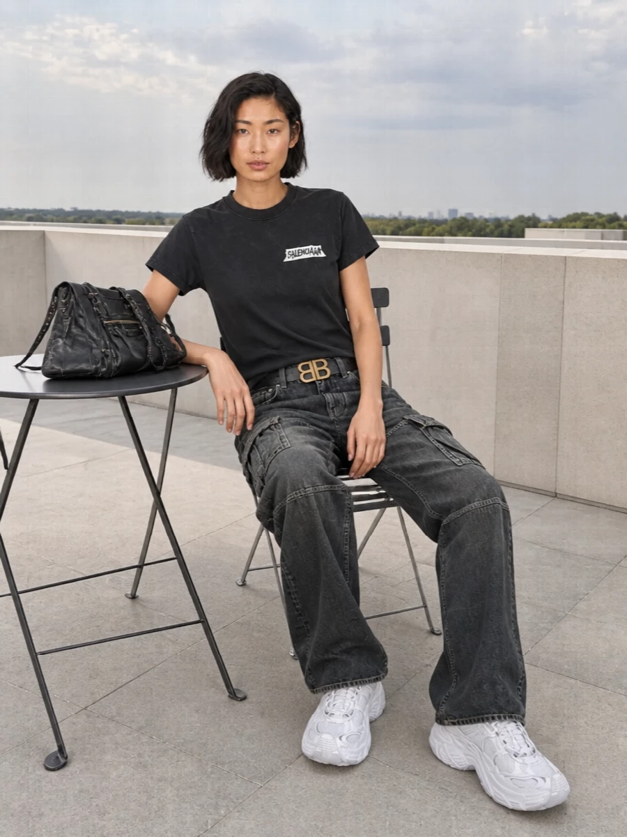 Balenciaga cargo jeans logo tee chunky sneakers