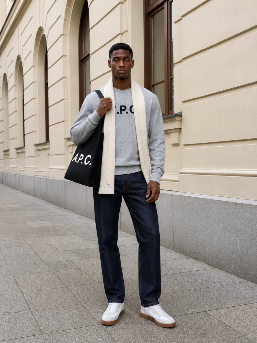 Apc grey sweatshirt raw denim sneakers
