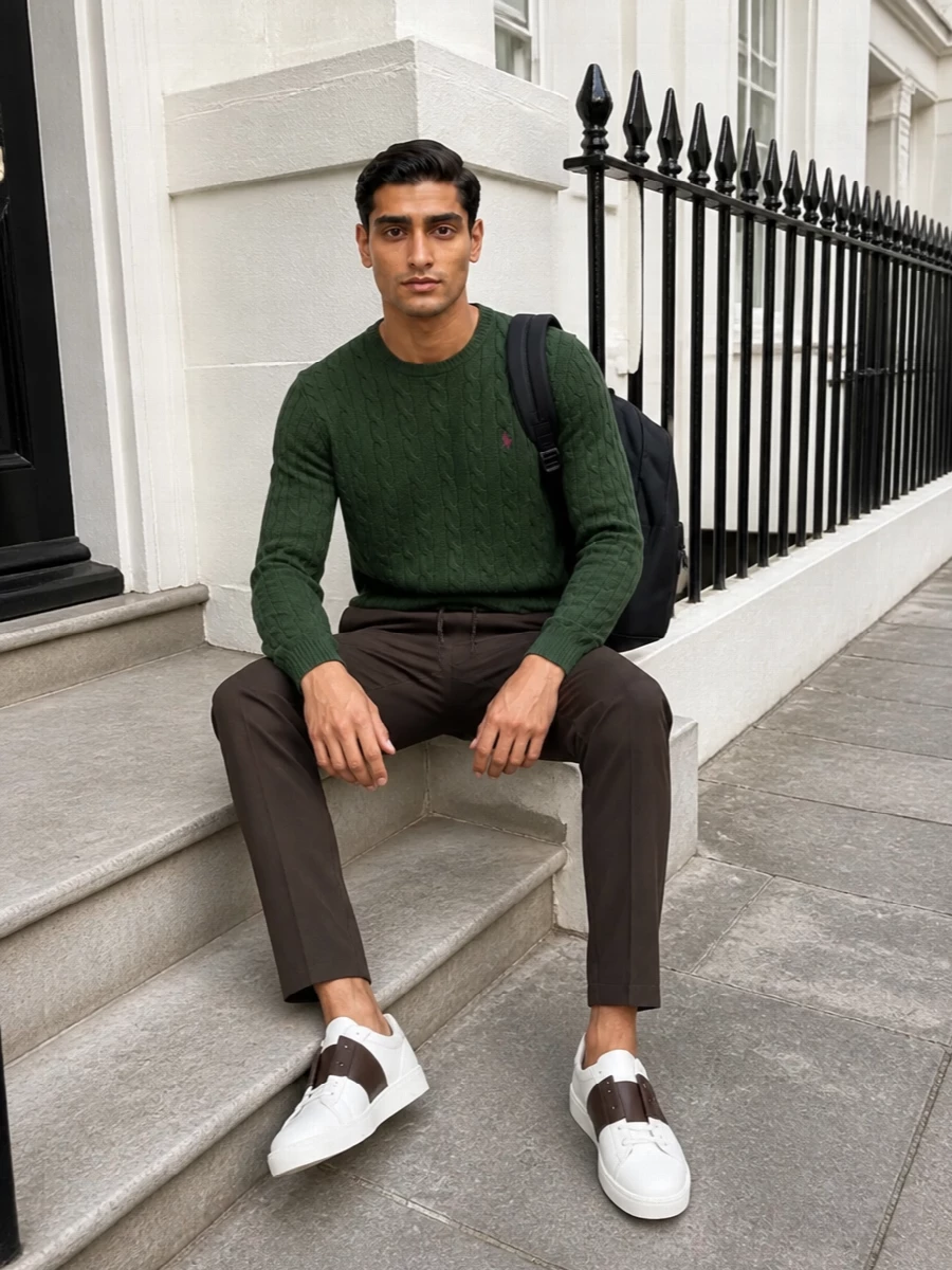 Forest green cable knit meets dark chocolate drawstring tailoring for a collegiate take on modern comfort. Off-white and brown leather sneakers keep it sport-leaning but refined, while the sleek black backpack grounds everything in practical polish. It is an easy city uniform for cooler days when you want relaxed lines with quietly grown-up colour.