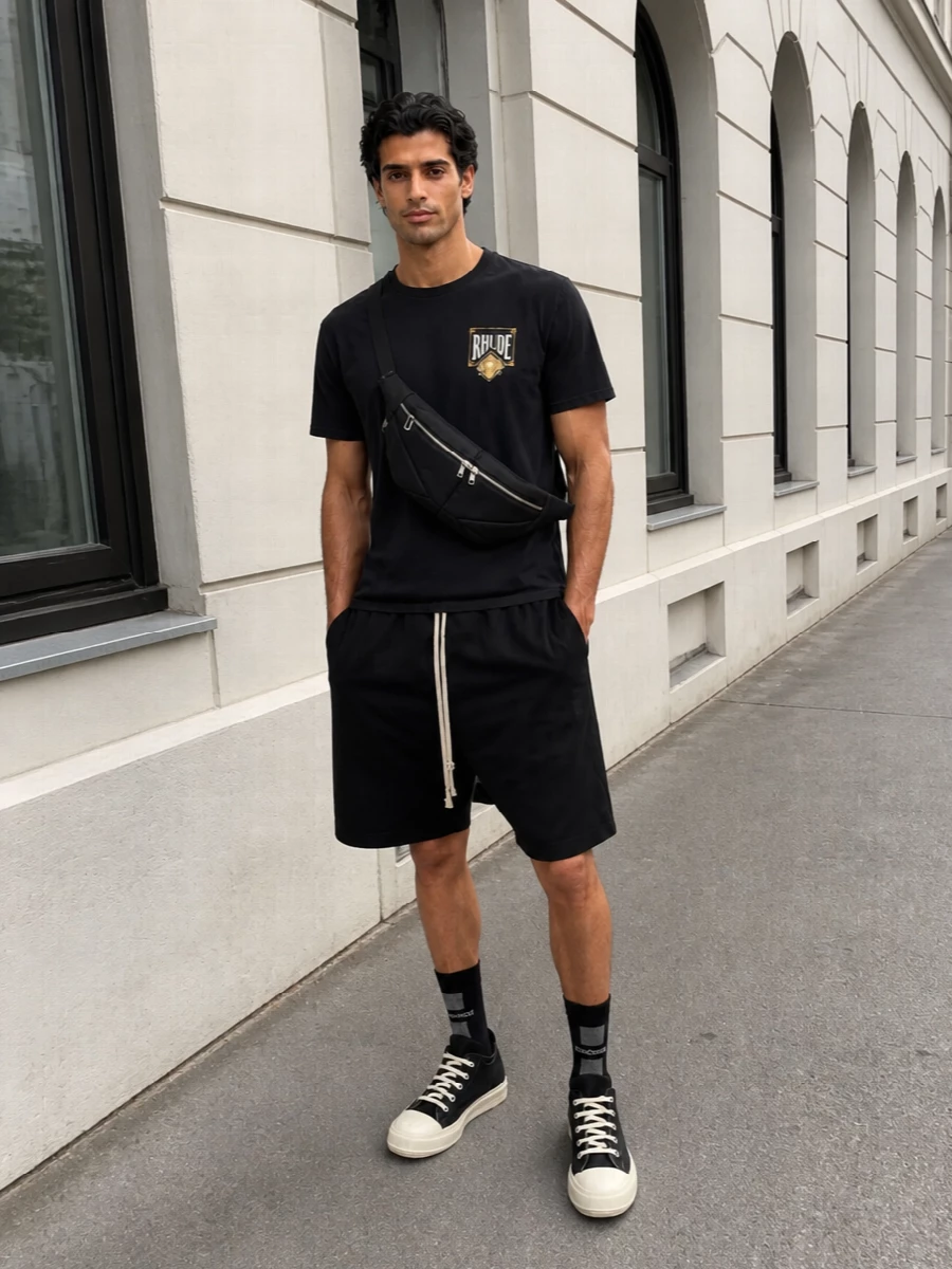 Rhude black tee rick owens shorts sneakers