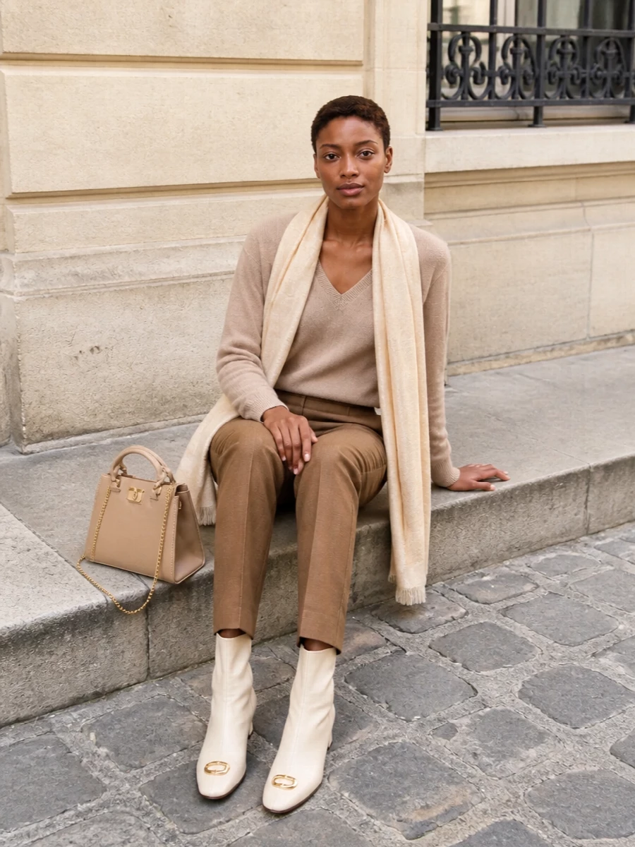 Valentino beige sweater camel trousers outfit