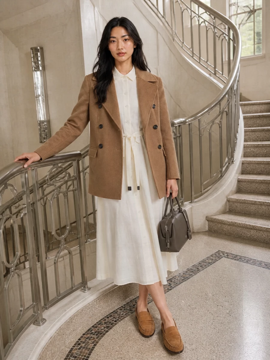 Max mara camel coat ivory shirt dress outfit
