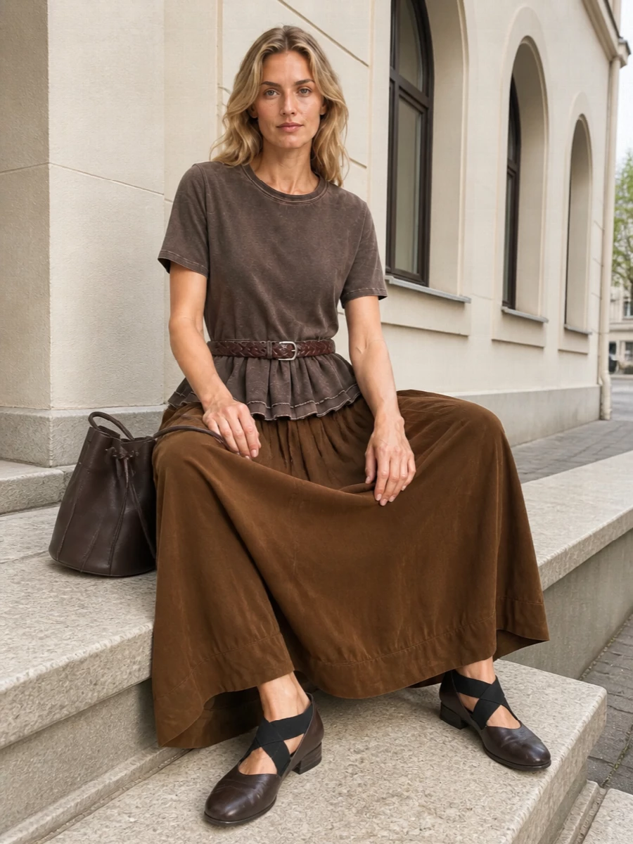 Uma wang brown peplum top pleated maxi outfit