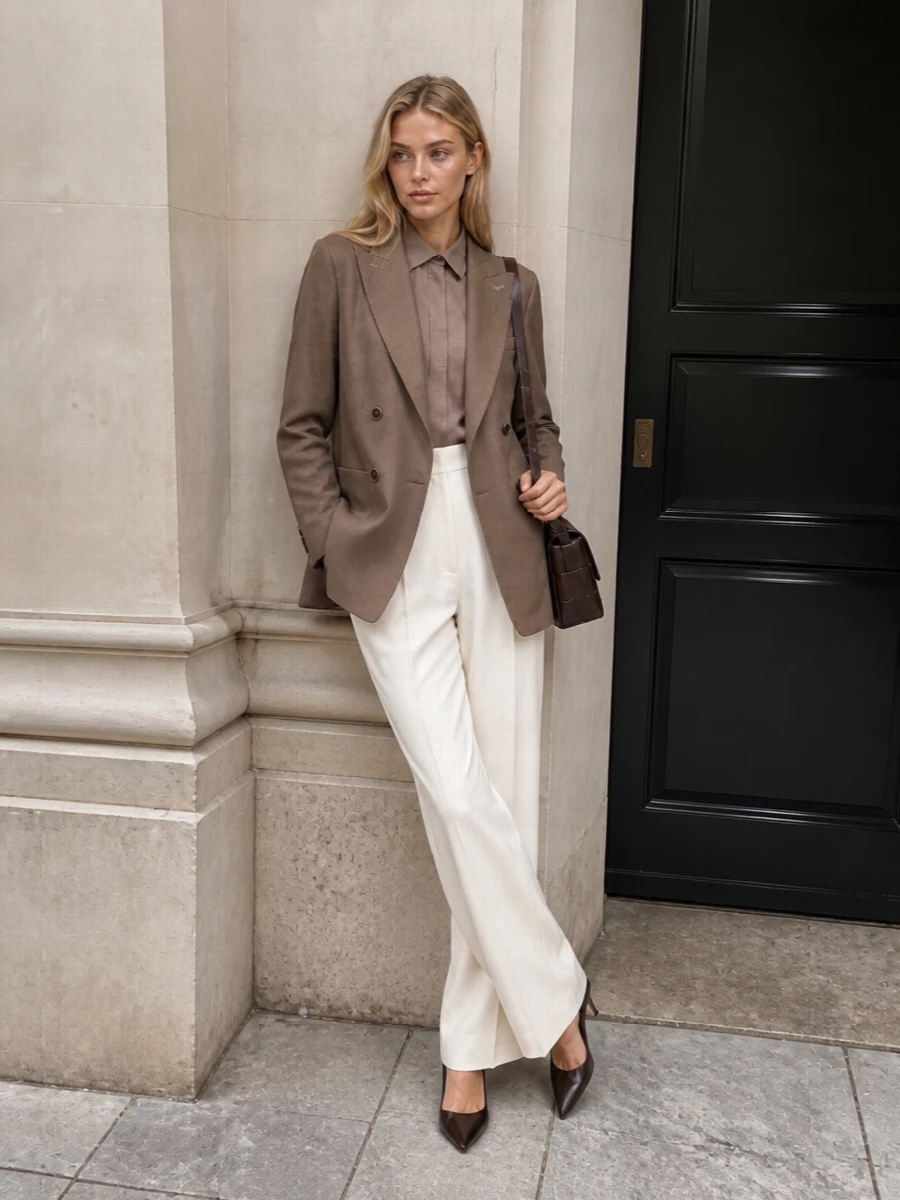 Max mara taupe blazer ivory trousers outfit
