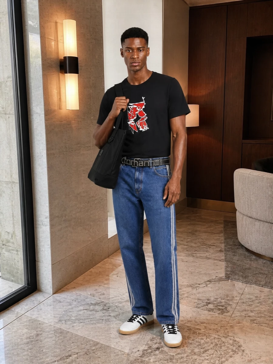 Stussy graphic tee adidas striped jeans outfit