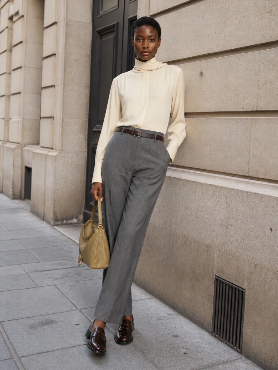 Prada high waisted grey trousers evening outfit