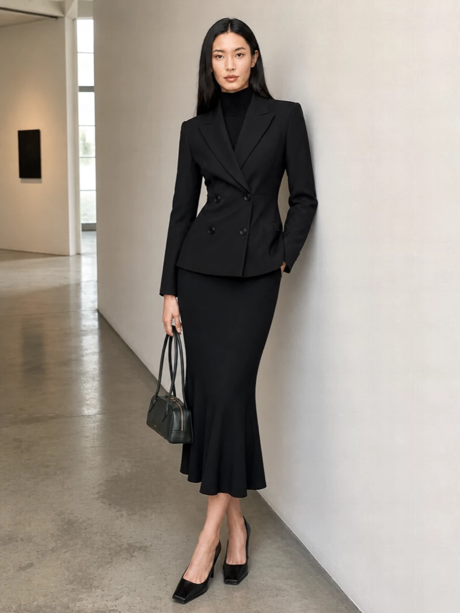 Alaia black blazer knit midi dress pumps