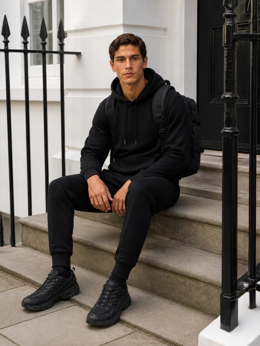 A fully black, sport-driven uniform that lets the Salomon runners anchor everything without visual noise. The dense hoodie and tapered joggers keep the silhouette clean but relaxed, ideal for city miles or travel days. The technical backpack quietly reinforces the utilitarian mood while staying streamlined and unobtrusive against the monochrome base.