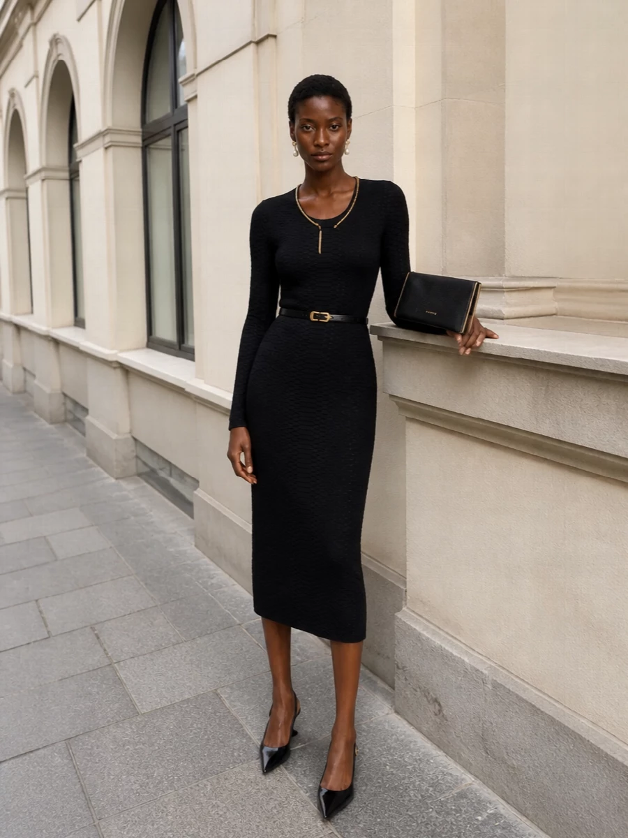 Elisabetta franchi black knit midi dress outfit
