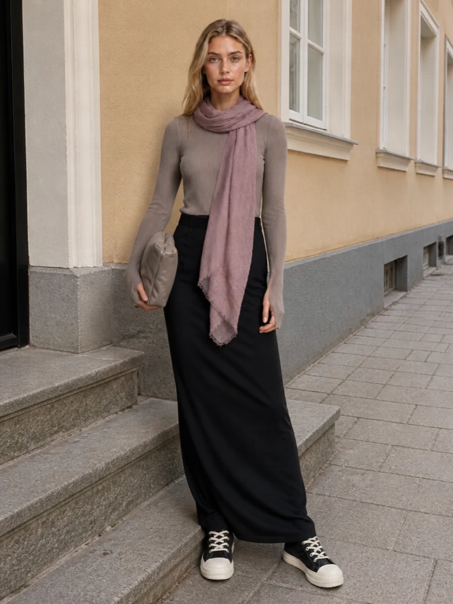 Rick owens taupe knit black maxi skirt outfit