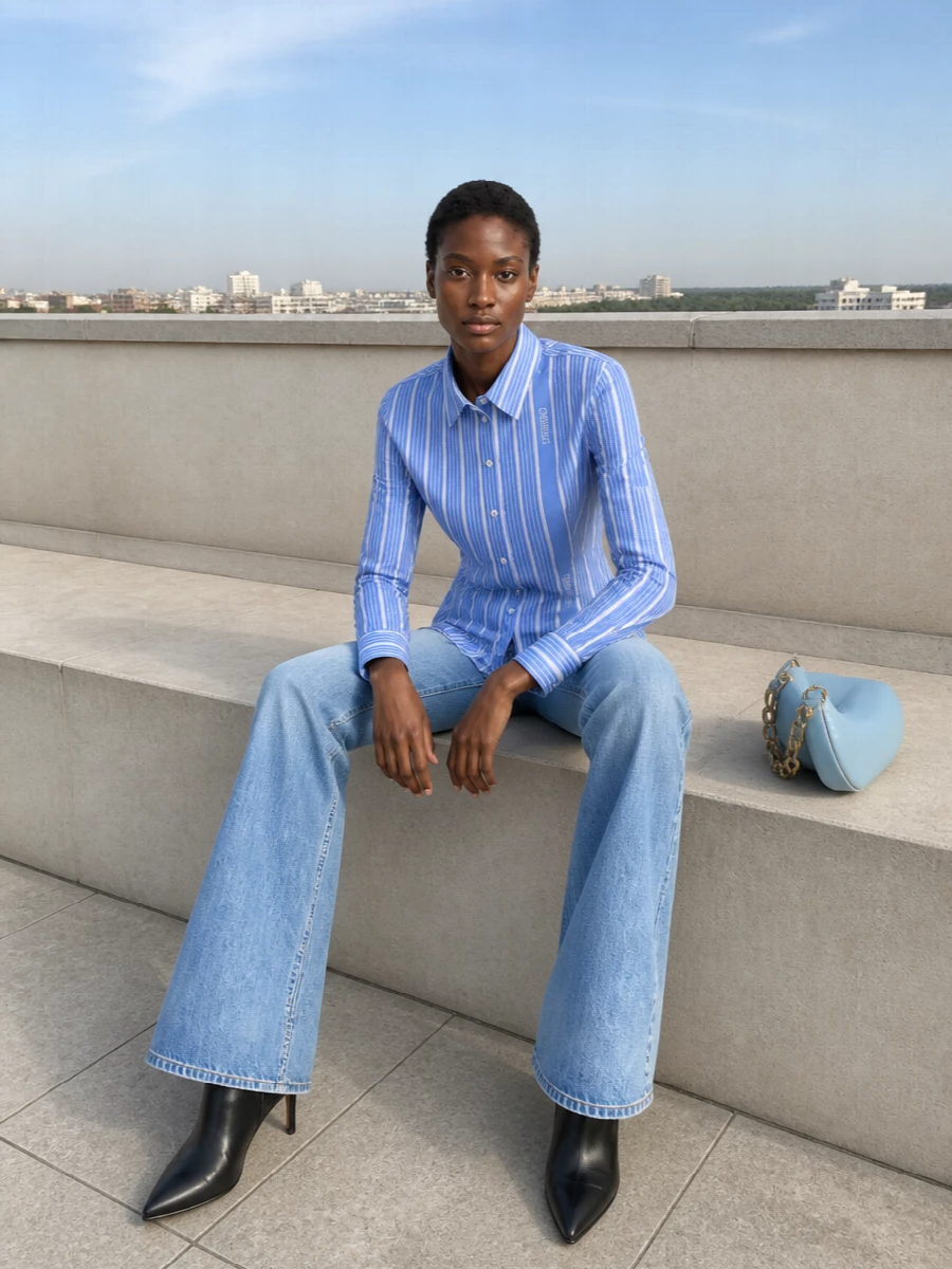 Balmain’s flared denim meets a cinched Jacquemus shirt for a quietly nostalgic, Y2K-leaning take on polished day dressing. A razor-sharp black ankle boot keeps the silhouette long and lean under the flare, while the soft sky blue hobo ties back to the denim in a considered, tonal way. The result is refined but a touch playful, ideal for city days that segue into low-key dinners.