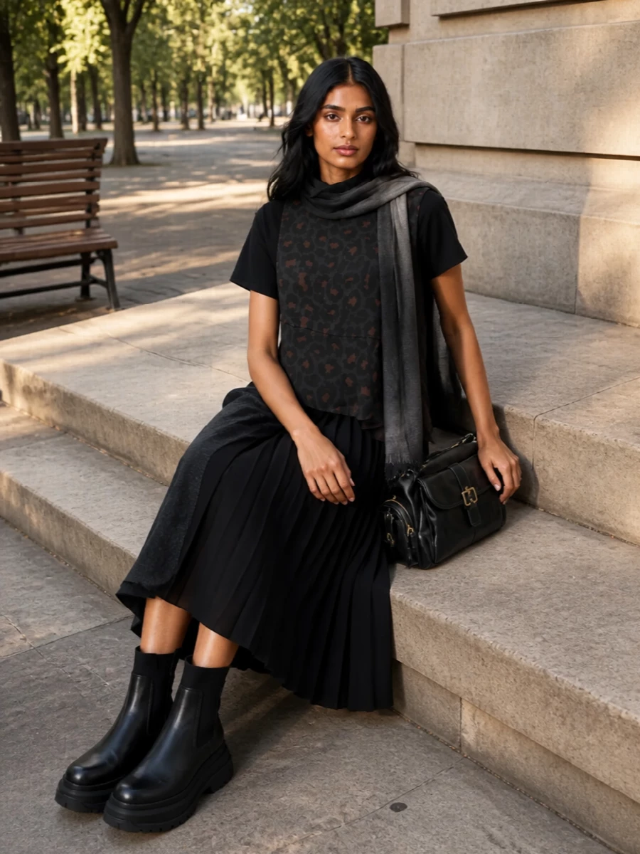 Sacai leopard top black pleated midi skirt
