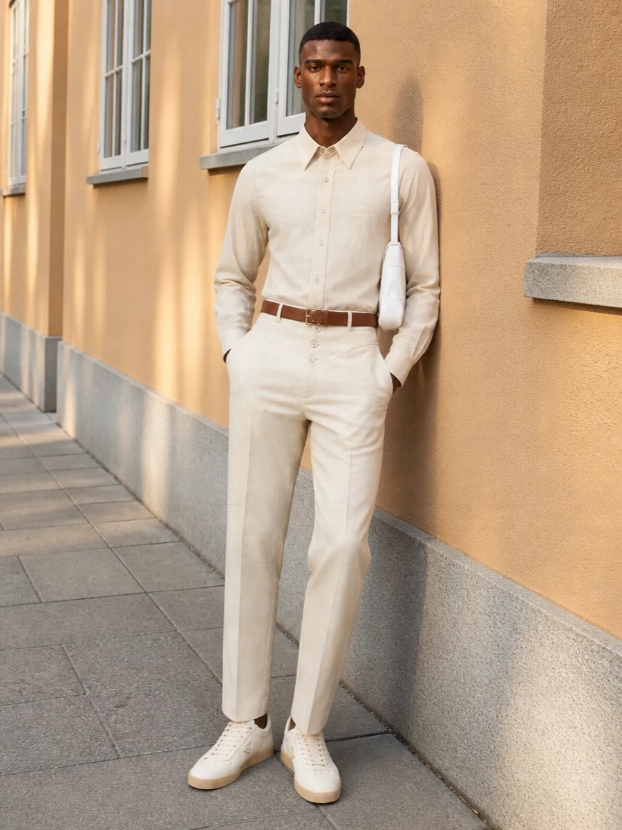 Saint laurent cream trousers minimalist sneakers