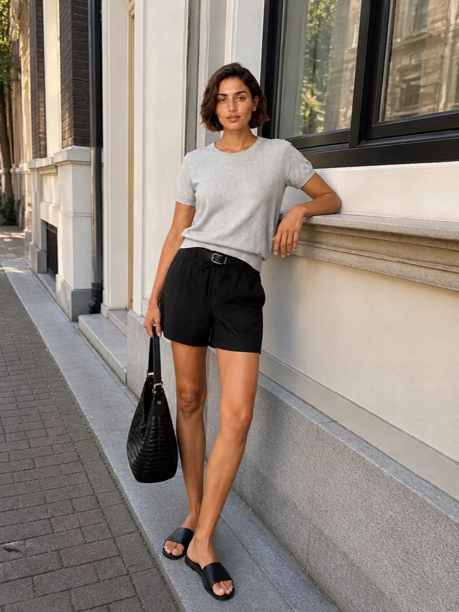 Dunst black shorts grey knit black slides