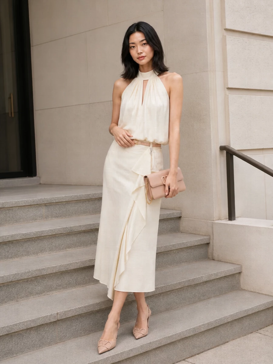 Attico ivory midi skirt valentino nude heels outfit