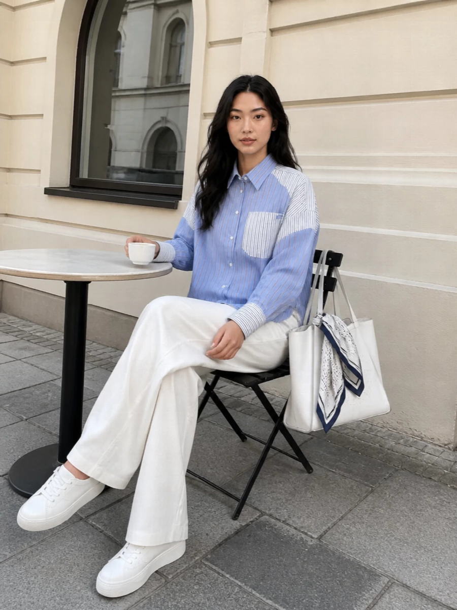 Stella mccartney striped shirt ivory wide leg pants