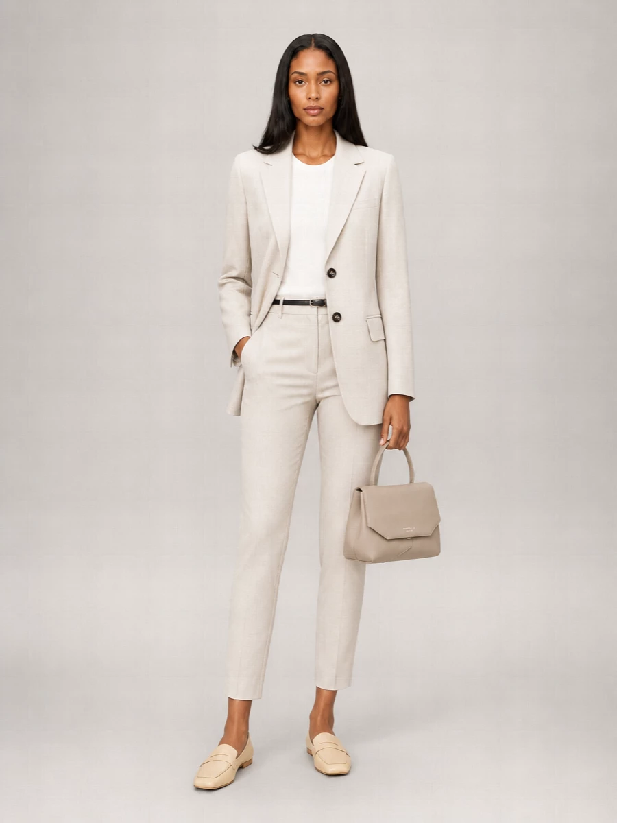 A pale, tonal column of tailoring keeps this outfit calm yet clearly boardroom ready. The longline blazer and high-waisted trouser streamline the silhouette, while butter-soft loafers and a structured taupe bag keep the mood controlled rather than stiff. A slim black belt gives just enough definition and contrast for a modern, quiet-luxury finish.