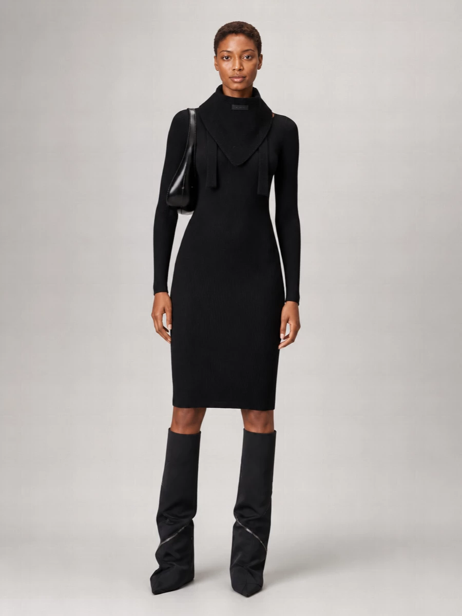 Rick Owens Virgin Wool Ribbed Cutout Long-Sleeve Knee-Length Dress