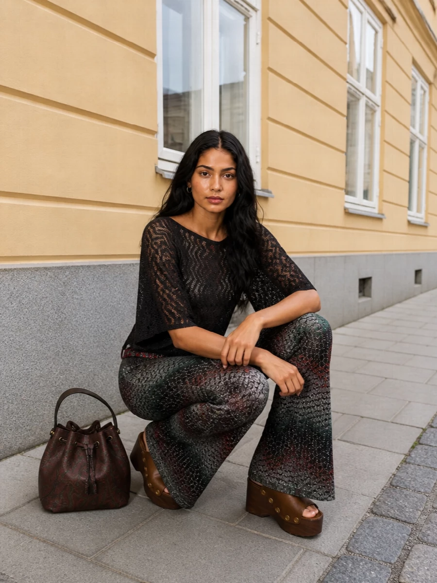 Missoni chevron flared pants boho evening styling