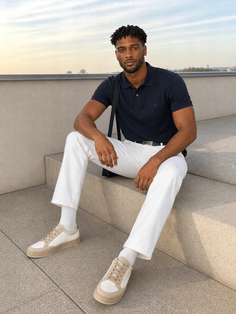 White straight-leg denim sets a crisp base for a navy polo, keeping the line clean and subtly preppy. Soft off-white and sand sneakers warm the palette just enough, while a navy belt and slim crossbody echo the top for a calm, coherent finish.