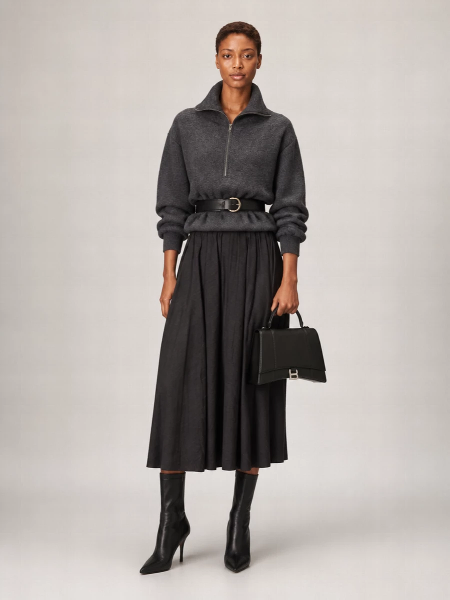 Balenciaga Denim Two-Tone Hybrid Pleated Midi Skirt
