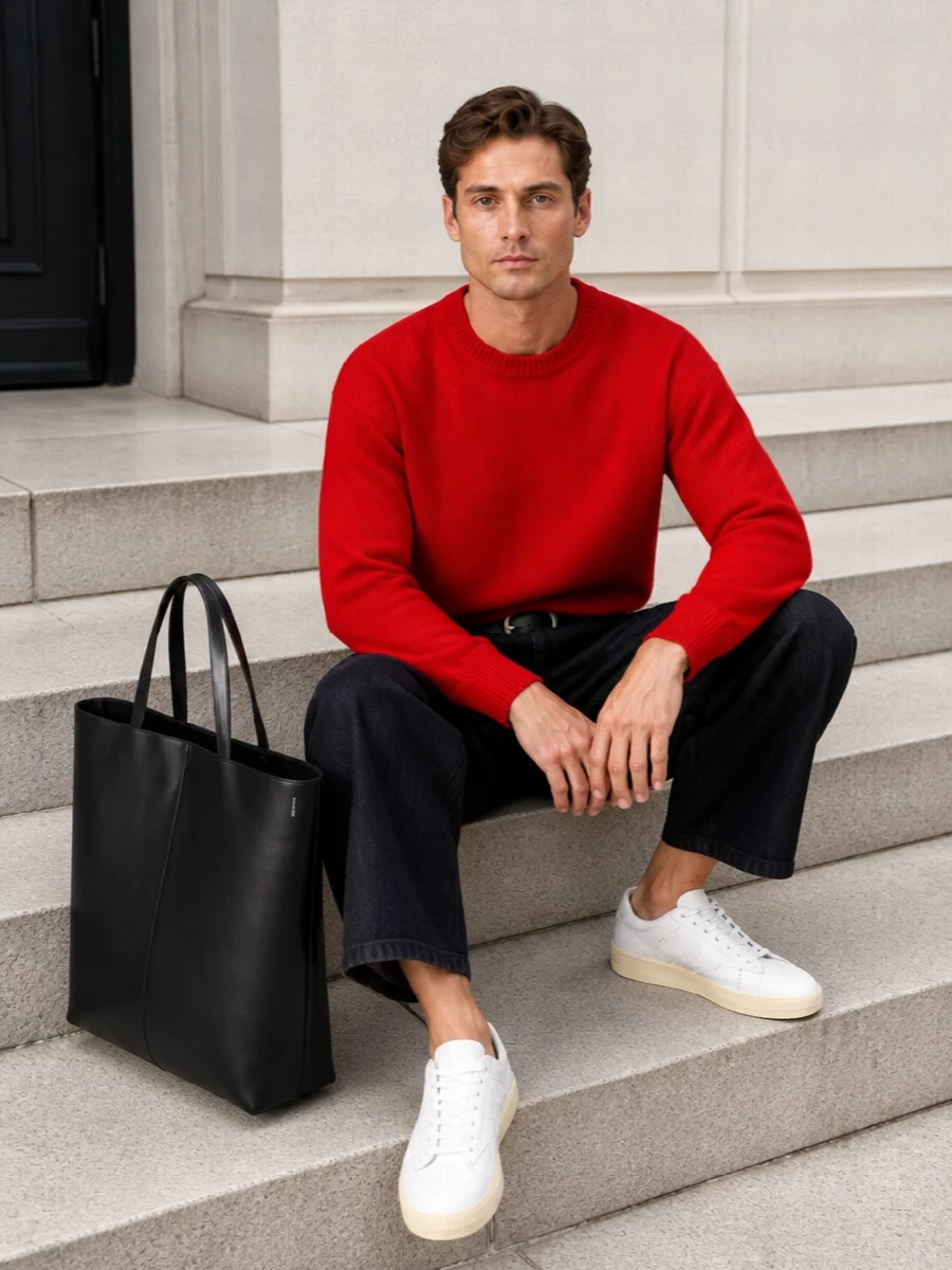 A saturated red Jil Sander knit sits over inky cropped wide-leg trousers, creating a strong block of color with a disciplined, modern silhouette. Clean white sneakers lighten the mood, while a structured black tote and graphic belt keep the lines sharp and the attitude quietly confident. It is an easy city uniform that moves from gallery afternoons to dinner without losing its calm precision.