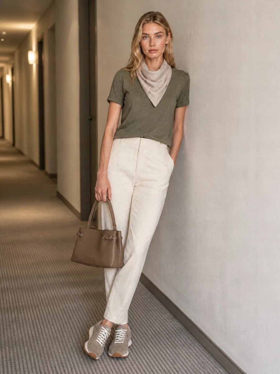 Brunello cucinelli olive tee ivory tailored trousers