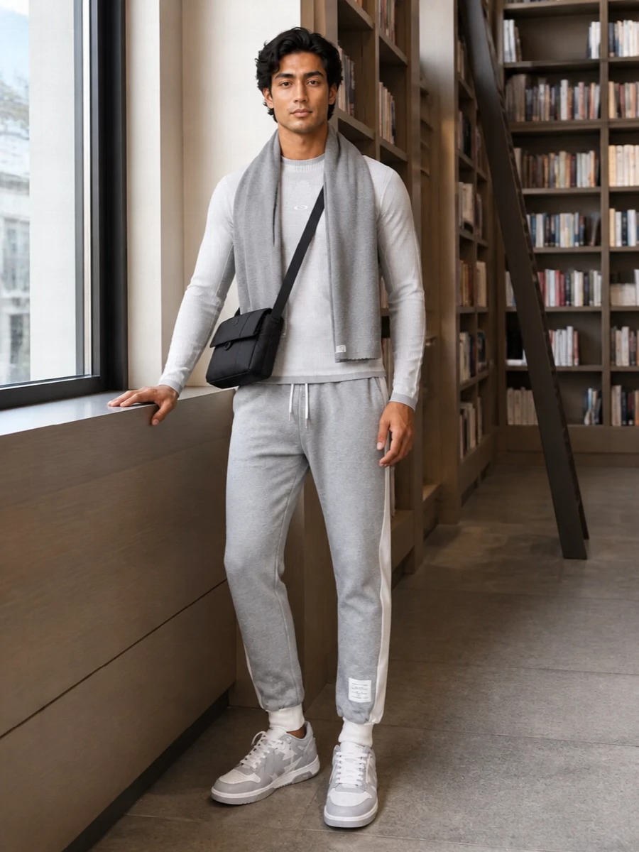 Oakley grey knit thom browne joggers off white sneakers