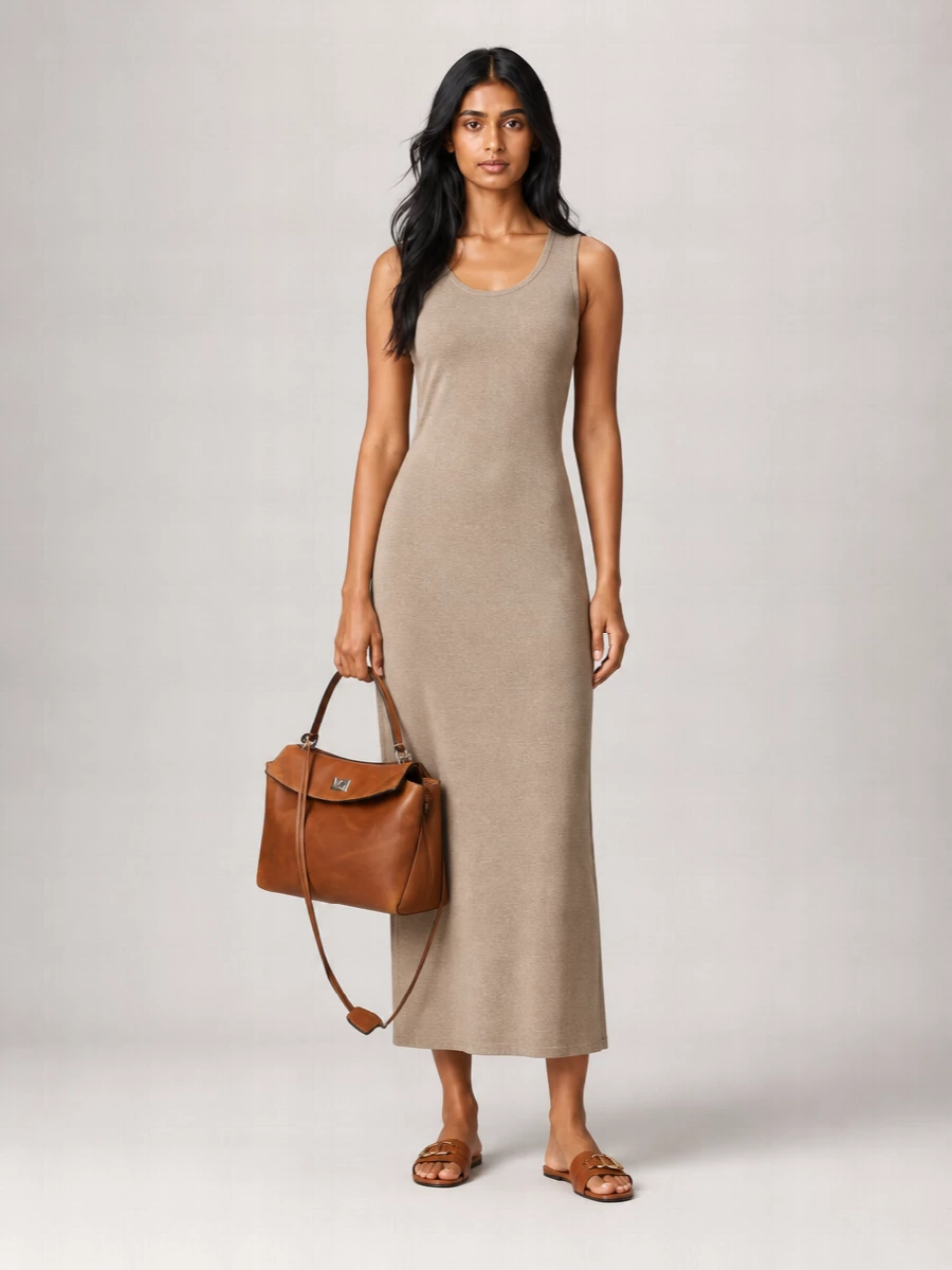 I chose the dress route so the outfit reads as a single, elongated neutral column that complements the structured Balenciaga bag instead of competing with it. The Row’s beige knit midi and tan Ferragamo slides create a soft, tonal story with just enough structure to feel meeting‑appropriate yet relaxed for city days. The proportions stay minimal and unfussy, letting the bag’s burnished leather and hardware act as the quiet focal point.