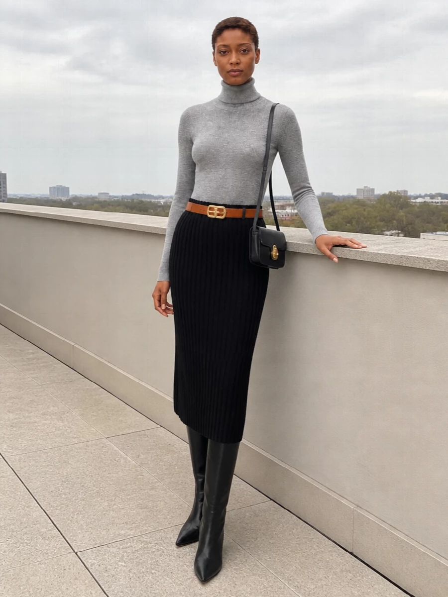 Fabiana filippi grey turtleneck black knit skirt