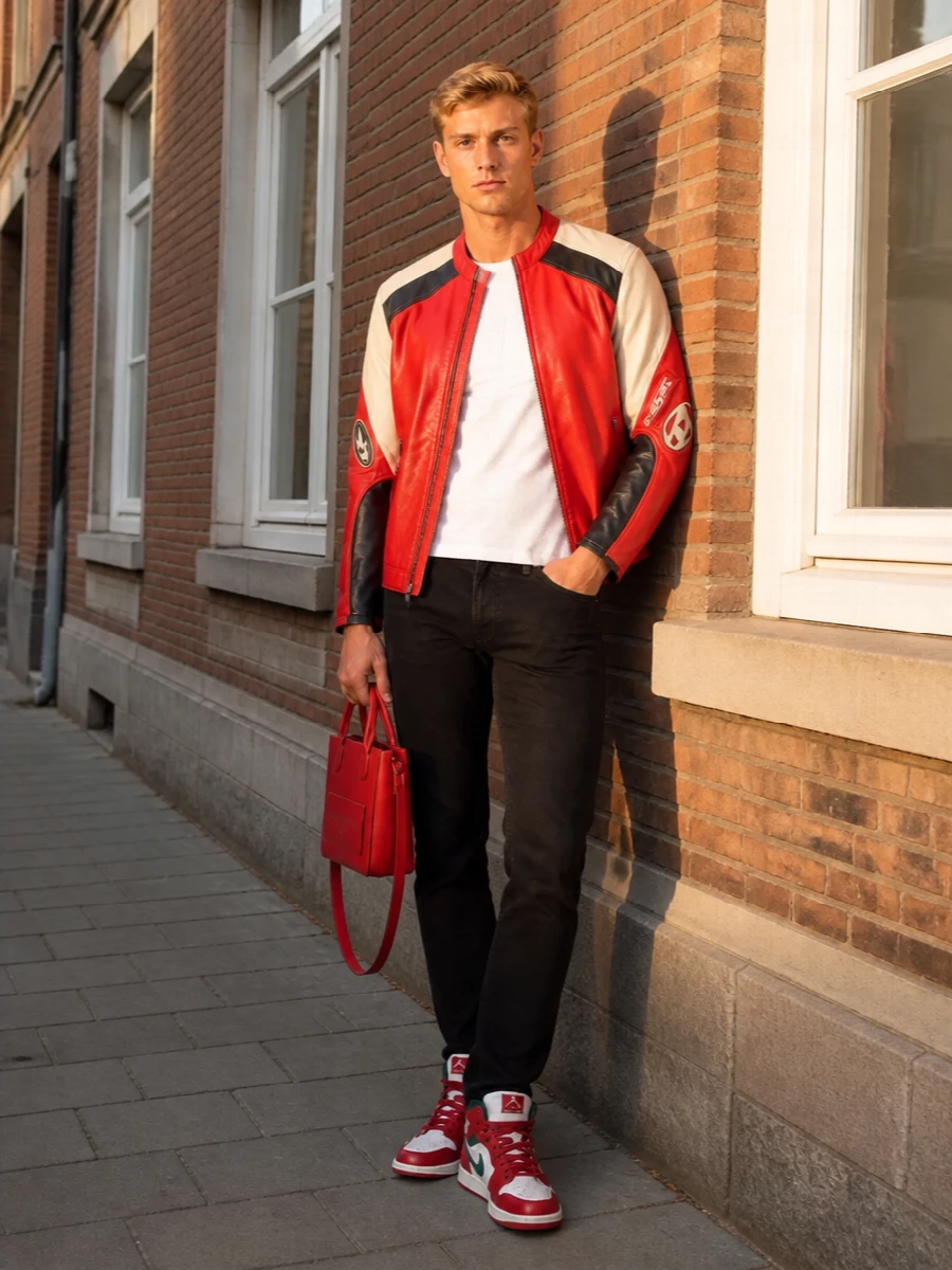 Diesel red biker jacket black jeans outfit