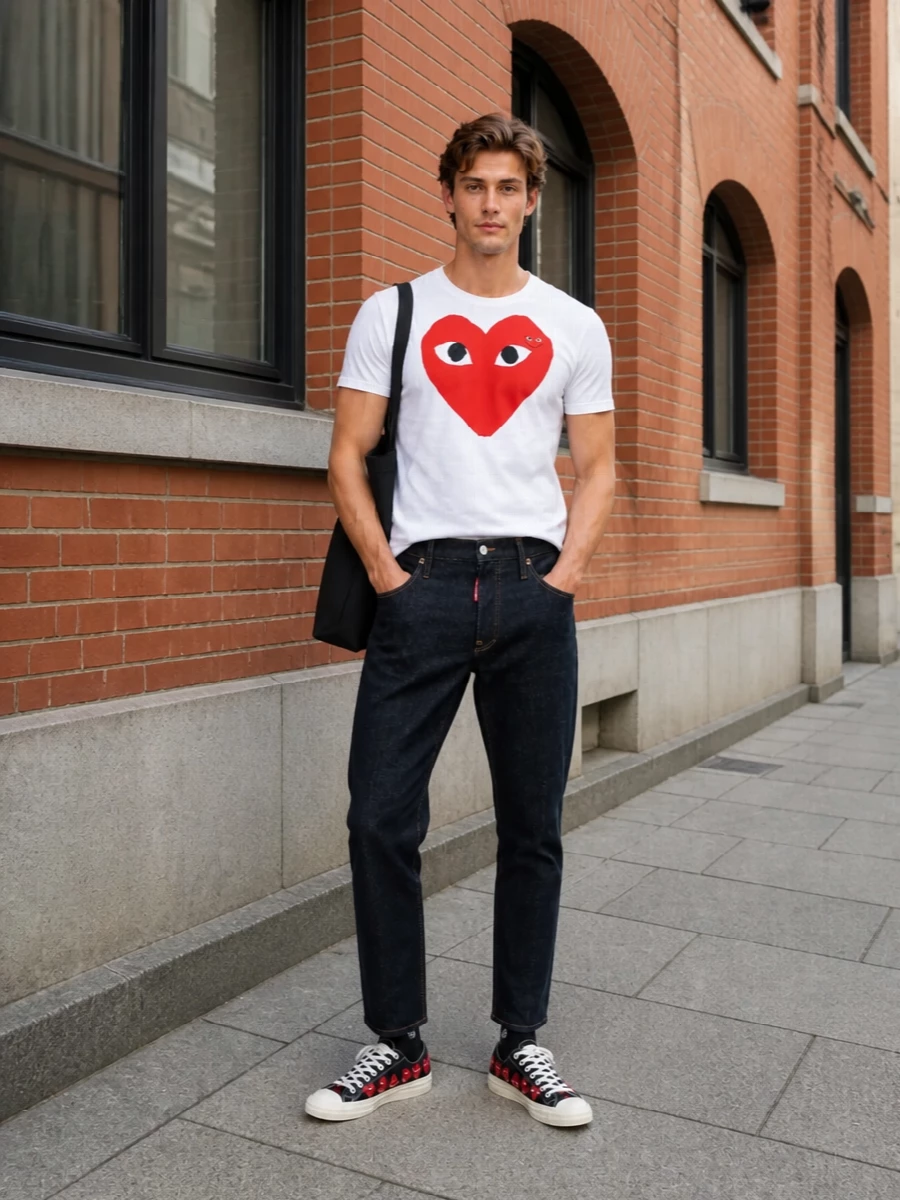 A graphic Play tee sits against dark indigo denim for a sharp, preppy streetwear base that keeps the red heart as the focal point. Matching Play canvas sneakers echo the black and red story at ground level, while a structured black Comme des Garçons tote and clean black socks keep the whole mix graphic and grown-up for city days.