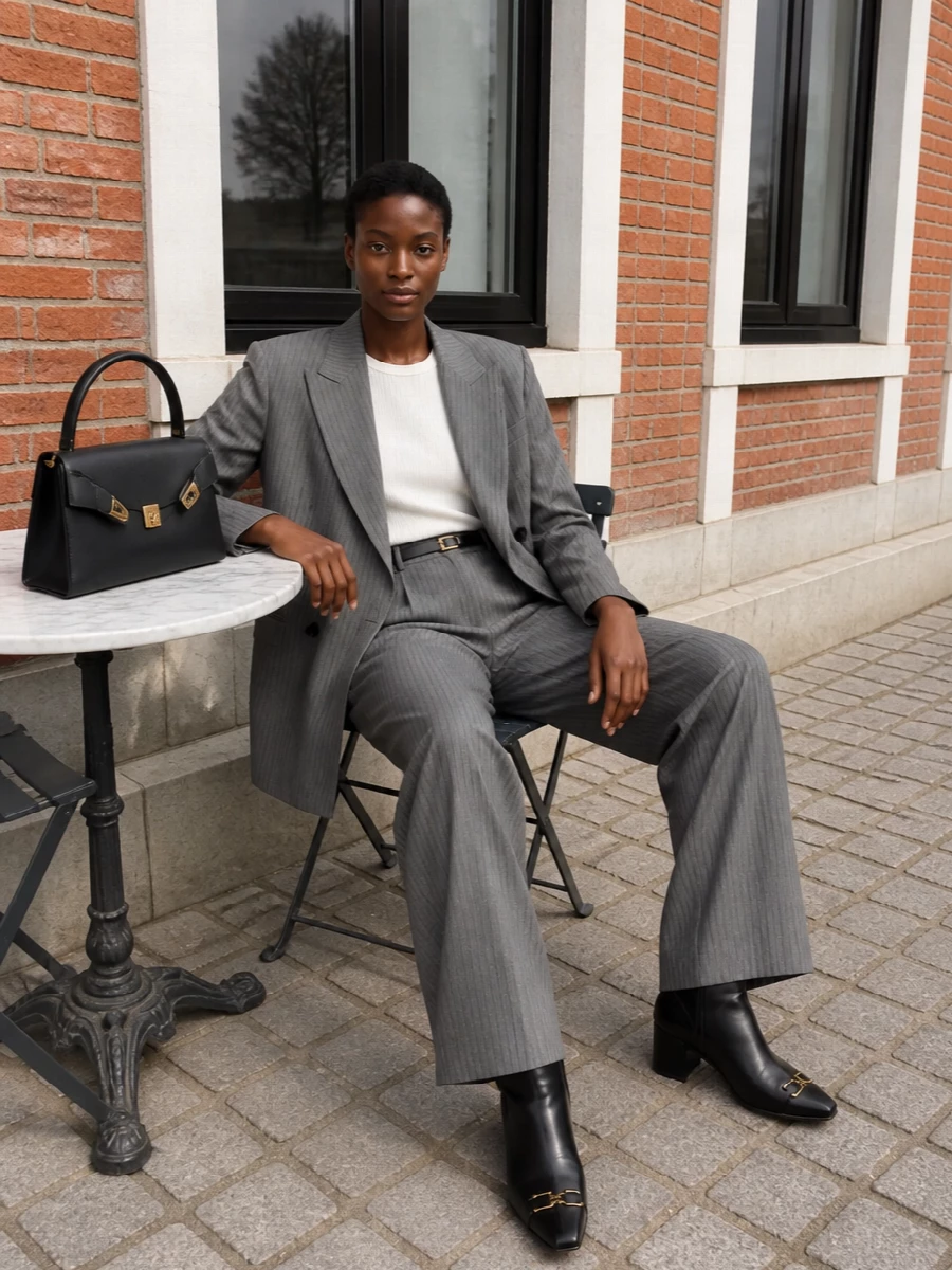 Alberta ferretti grey pinstripe suit ferragamo bag
