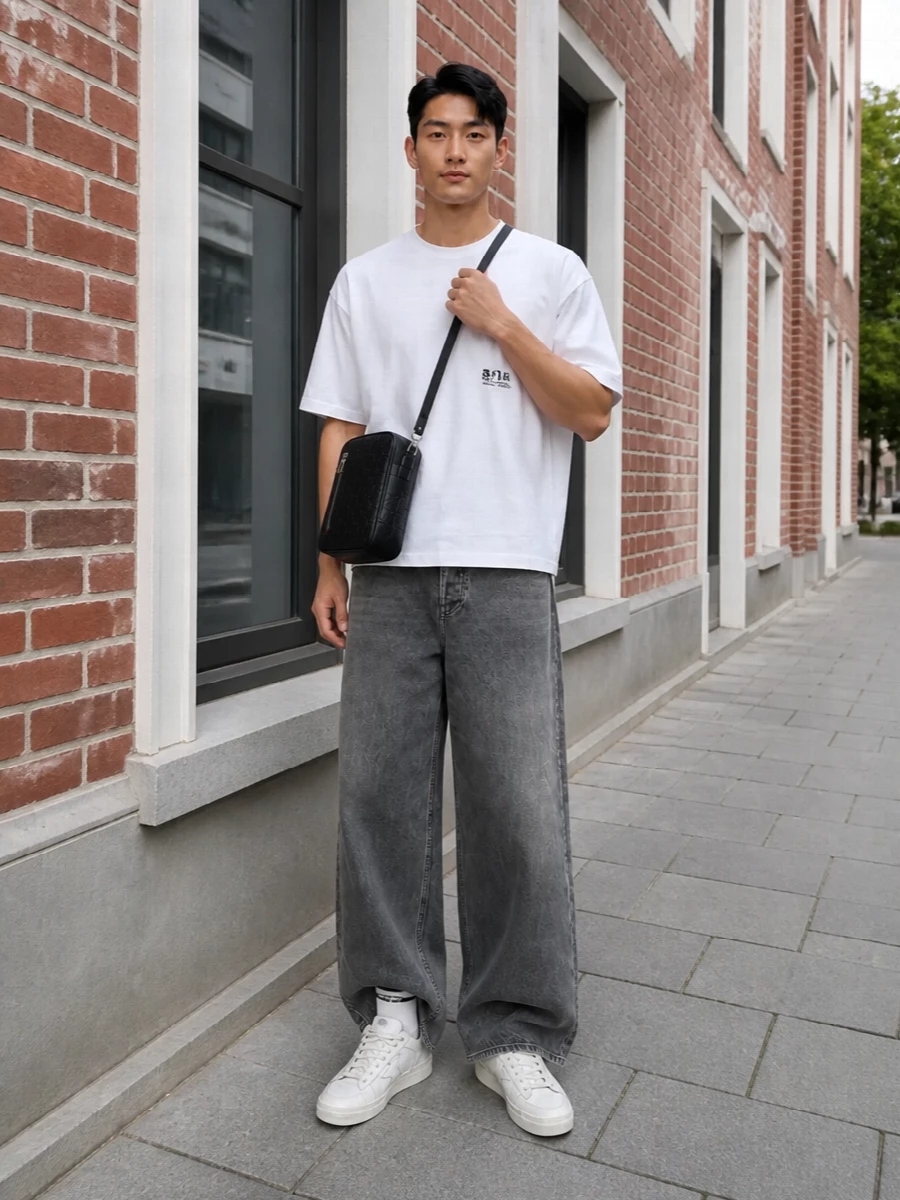 Golden goose wide leg jeans white sneakers outfit