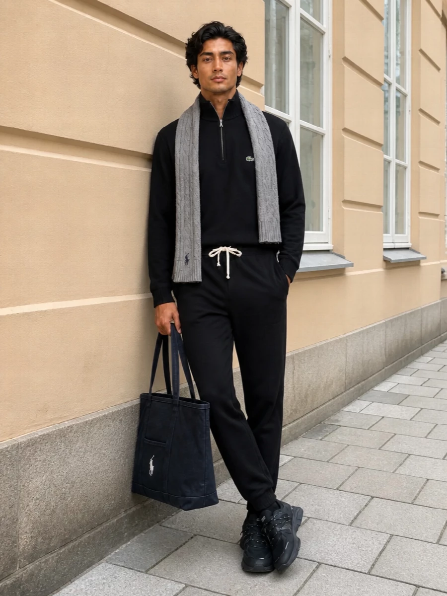 Lacoste half zip joggers polo tote outfit