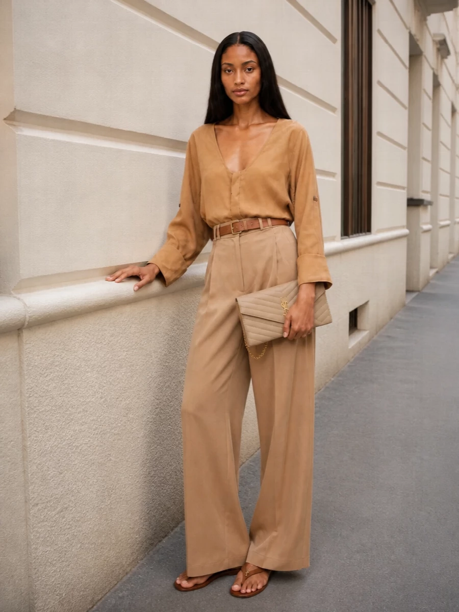 Saint laurent camel blouse wide leg trousers outfit
