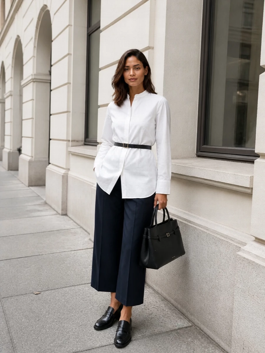S max mara navy wide leg trousers white shirt