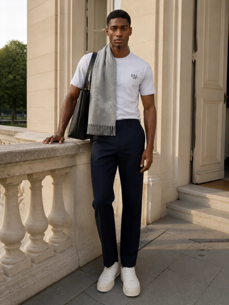 Apc mens grey tshirt navy trouser sneakers