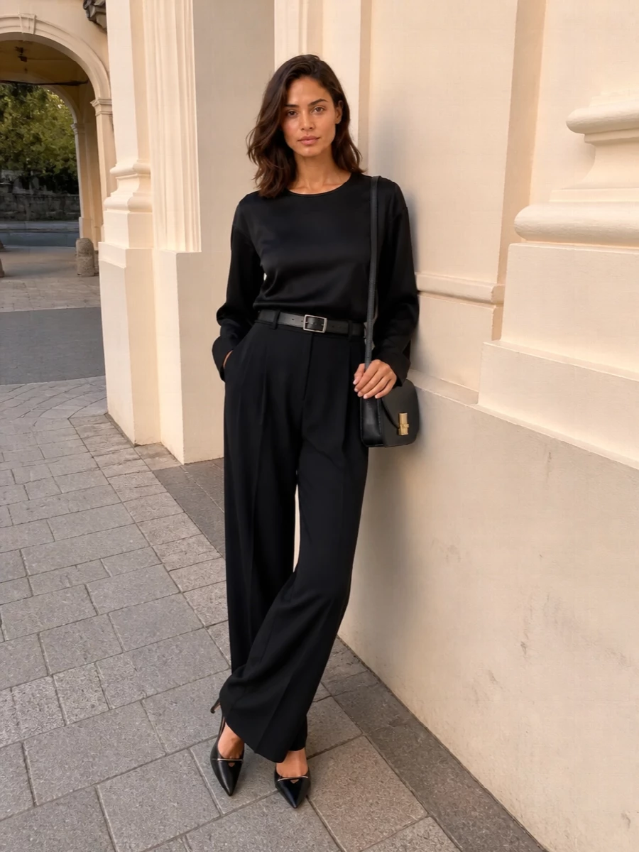 Fabiana filippi black blouse wide leg trousers outfit