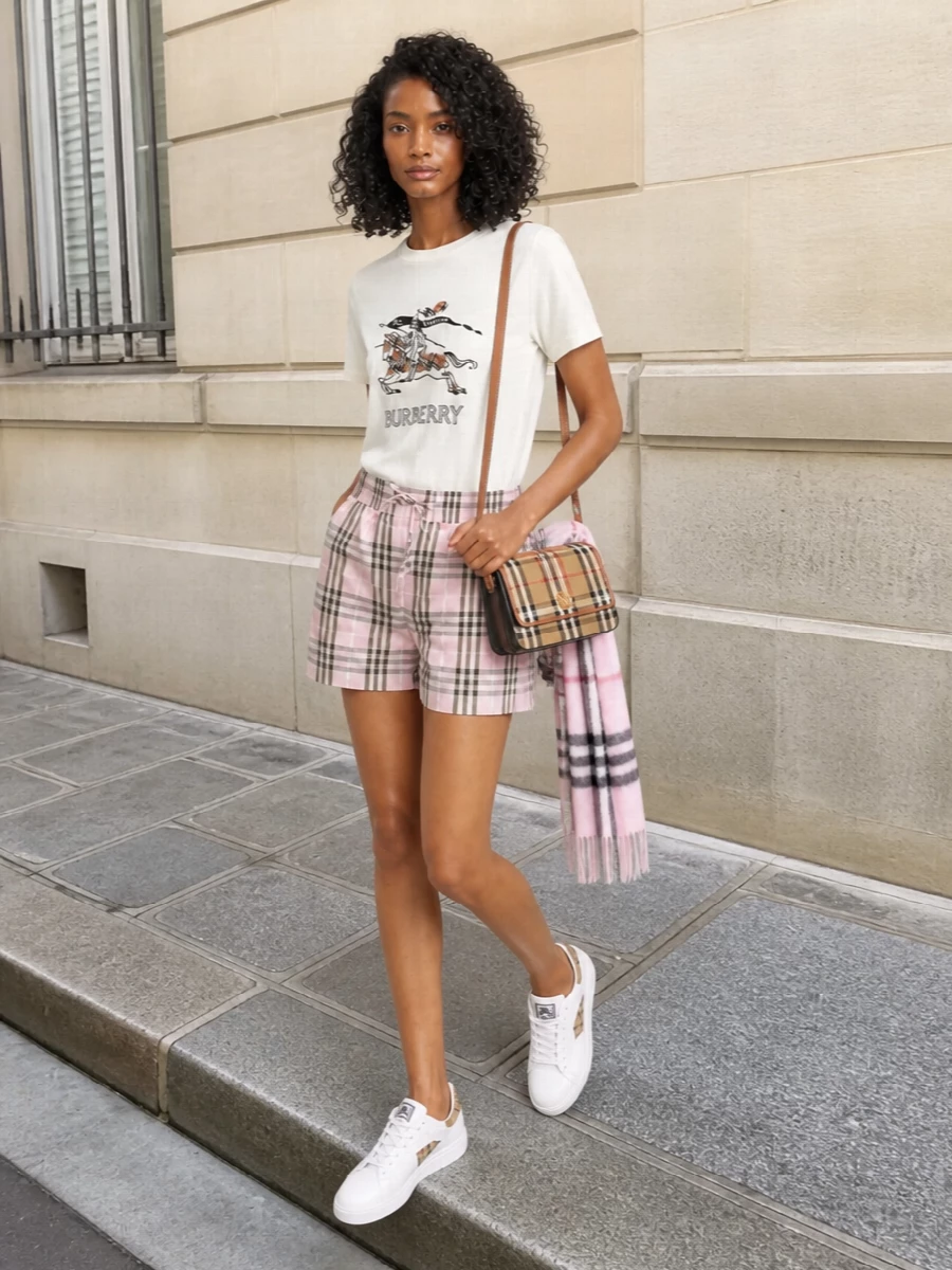 An off-white knight-emblem tee is paired with soft-blush check shorts for a fresh, SS take on Burberry heritage that feels relaxed yet considered. Clean white leather sneakers keep the mood easy and modern, while a structured compact check flap bag and a blush-check scarf introduce just enough polish to read as quiet luxury rather than casual logo-play.