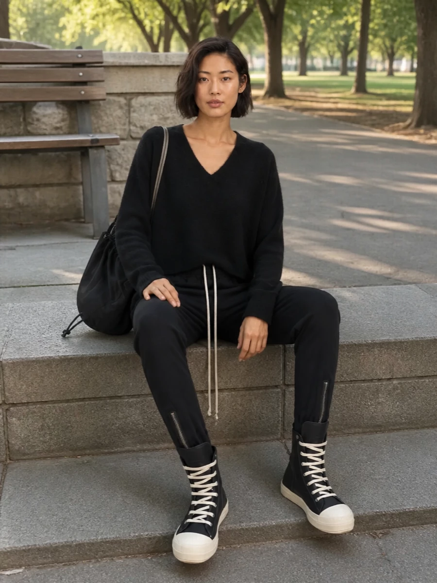 Rick owens black joggers cropped knit high top sneakers