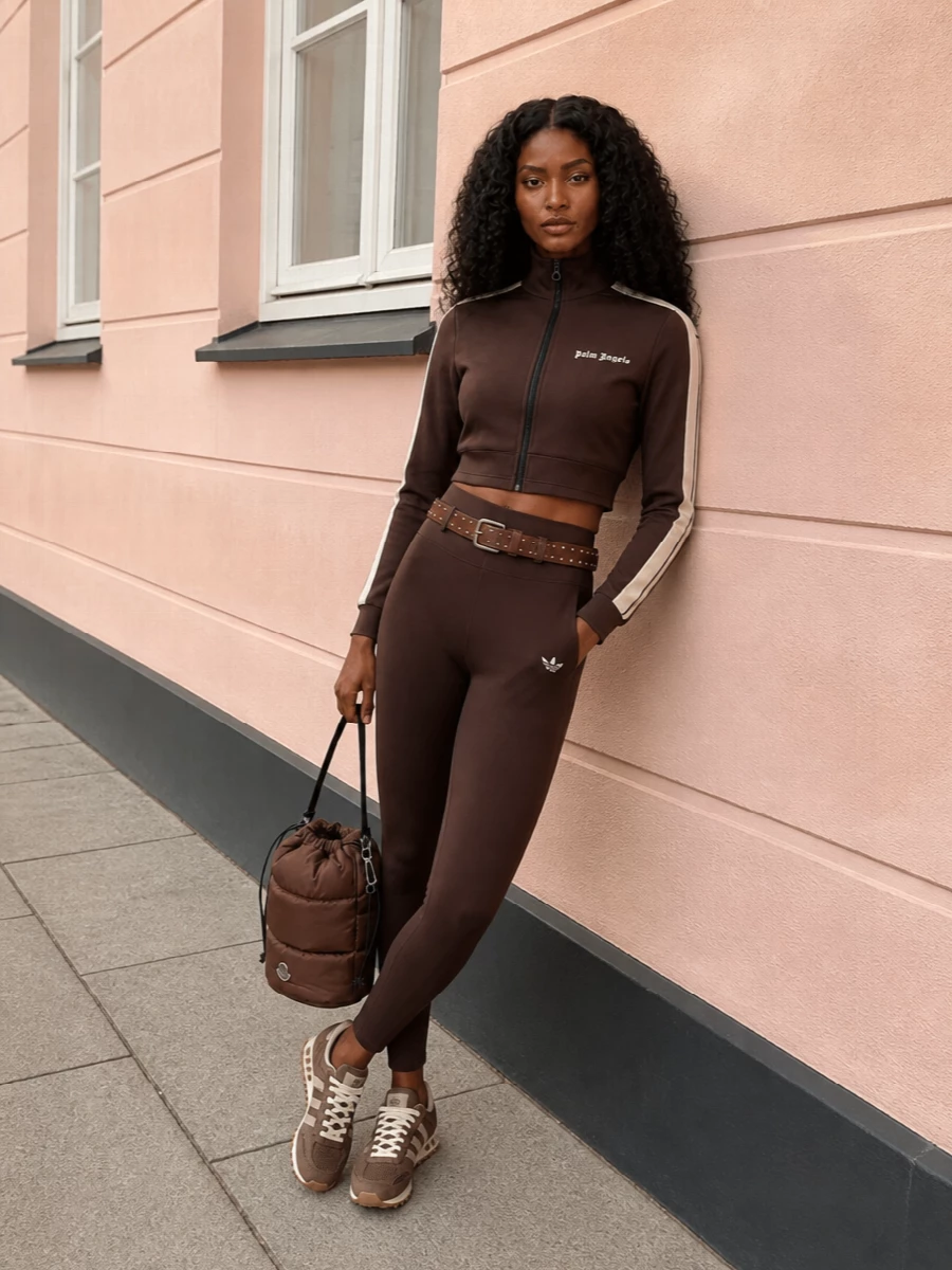Palm angels brown track top adidas sneakers outfit