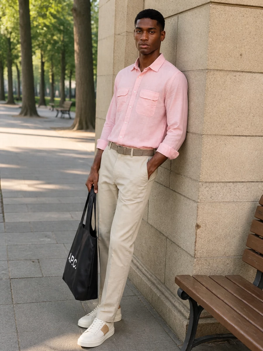 Beams plus pink shirt beige chinos sneakers