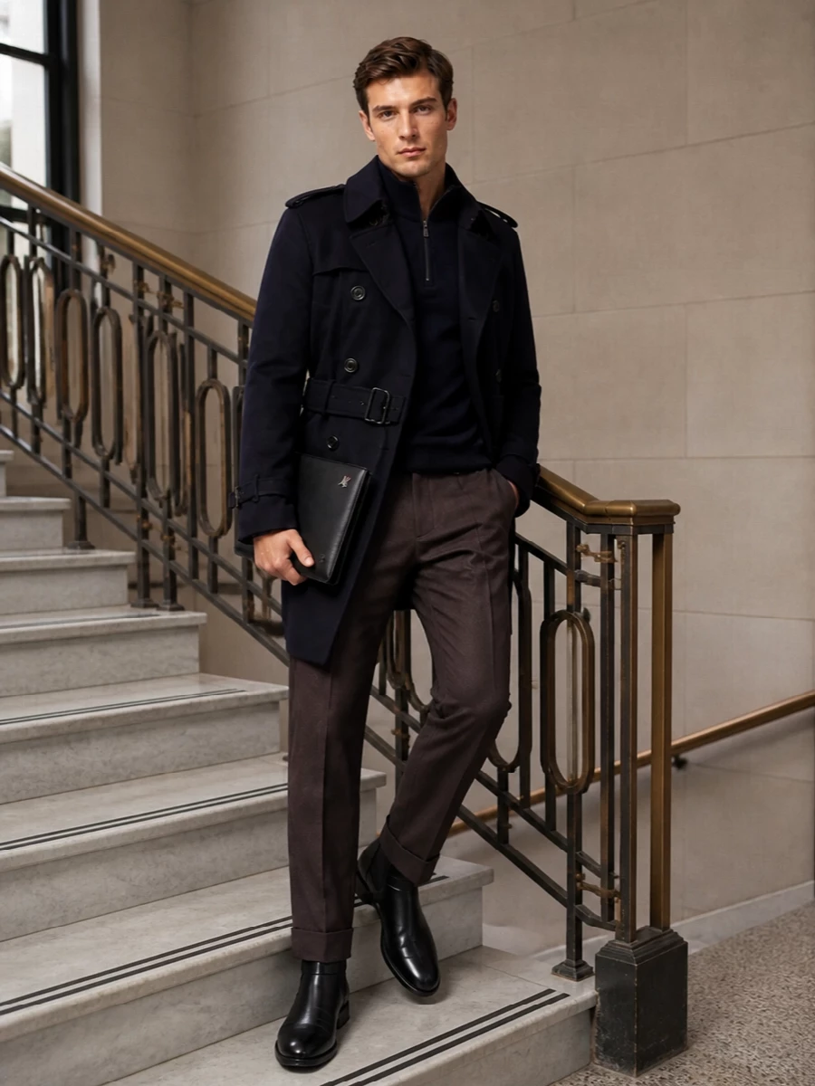 Burberry navy trench brown tailored trousers outfit