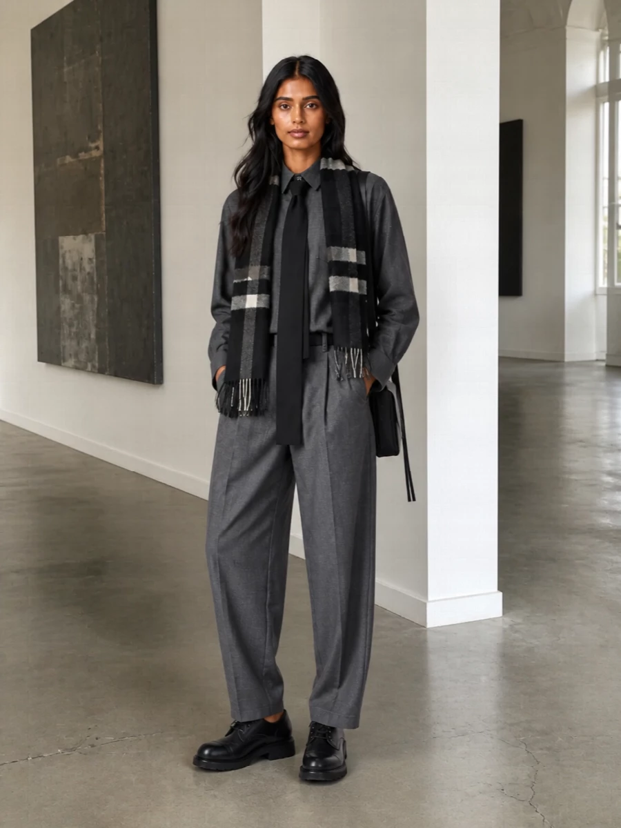 Sacai charcoal shirt cocoon trousers outfit