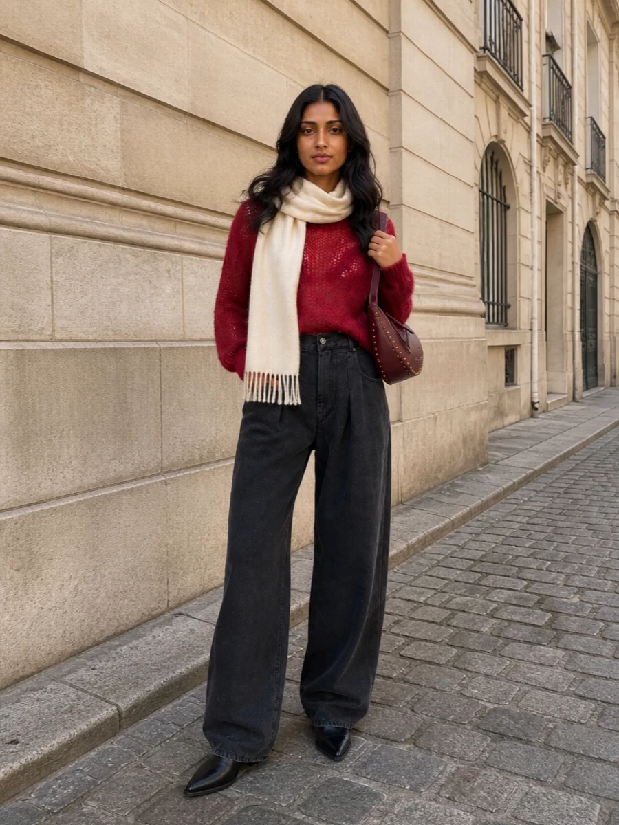 The sheer crimson knit sits over washed charcoal wide-leg trousers, giving that relaxed Marant slouch with a dark, elongated base. Black western ankle boots and a burgundy crescent bag keep the palette tight around deep reds and inky tones, adding polish without losing the street-meets-boho attitude. An ecru scarf softens everything just enough, so the outfit feels cosy but still sharp for city days and late evenings alike.