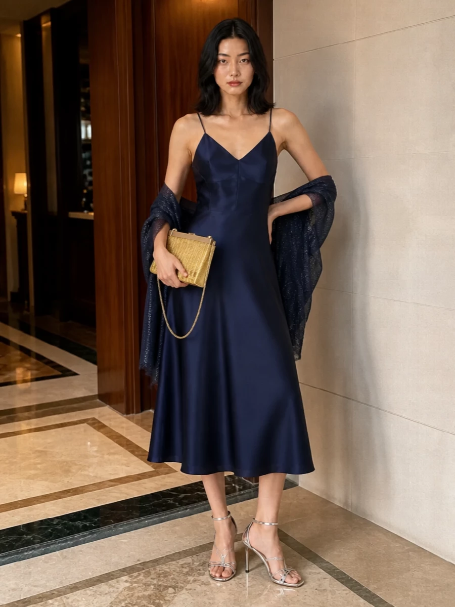 Alberta ferretti navy satin dress silver heels