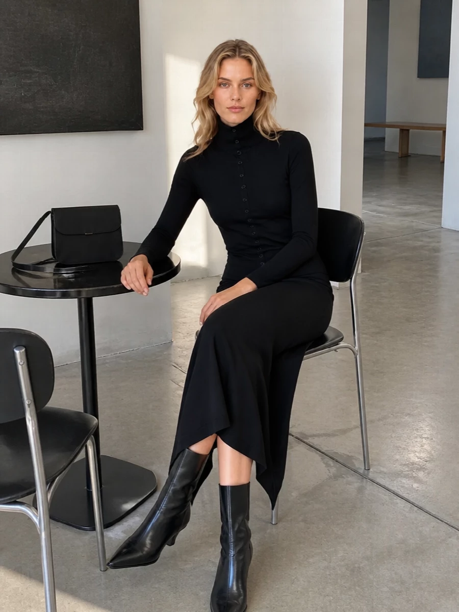 Lemaire black midi skirt slim cardigan outfit